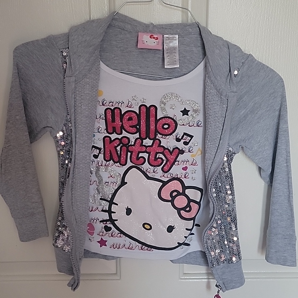 Adorable Hello Kitty lightweight, sequined hoodie. Light gray, S(6/6X). - Picture 4 of 9
